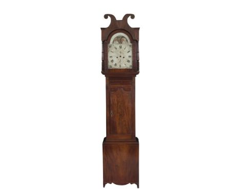 AN EARLY 19TH CENTURY INLAID MAHOGANY LONGCASE CLOCK, the hood surmounted with twin outturned scrolls with brass rosettes enc