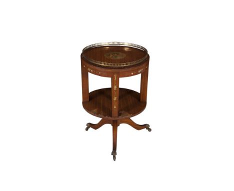 AN EDWARDIAN PAINTED CIRCULAR REVOLVING OCCASIONAL STAND, with brass gallery above open compartments, decorated with painted 
