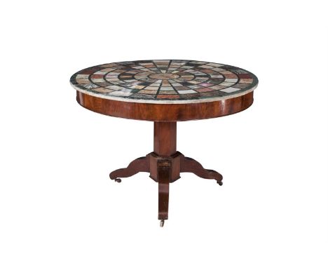 A 19TH CENTURY INLAID MARBLE TOP CIRCULAR CENTRE TABLE, the top radially set with specimen marbles on a green ground, the pla