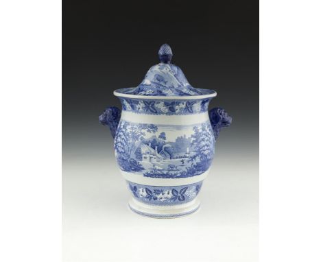 A BLUE AND WHITE TRANSFER PRINTED JARDINERE AND COVER, of baluster form, decorated with pastoral scenes and foliate pattern, 