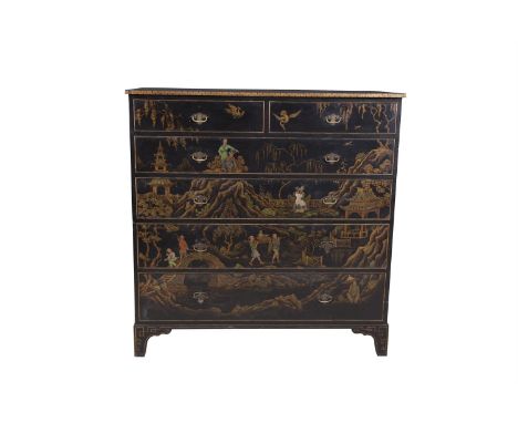 A 19TH CENTURY JAPANNED TALL RECTANGULAR CHEST of two short and four long drawers, the black ground decorated with painted ch