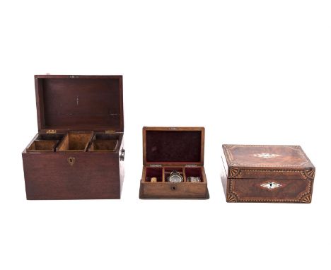 A LARGE GEORGE III MAHOGANY AND BRASS MOUNTED TEA CADDY, of rectangular form with a brass bracket side handles, containing fi