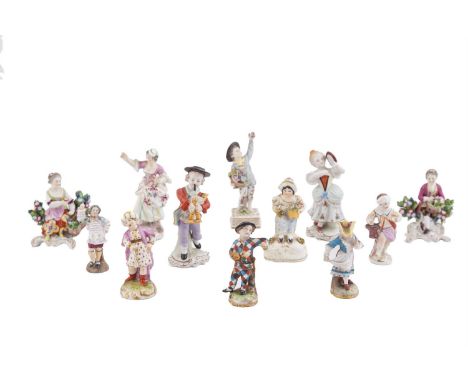 A COLLECTION OF SMALL HAND PAINTED PORCELAIN FIGURINES, of various sizes, including four Sitzendorf figures, two playing musi