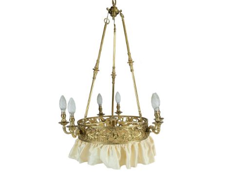 A BRASS FRAMED CIRCULAR CEILING LIGHT, 20th century, hung with slender fitted supports, with pierced frieze decorated with ch
