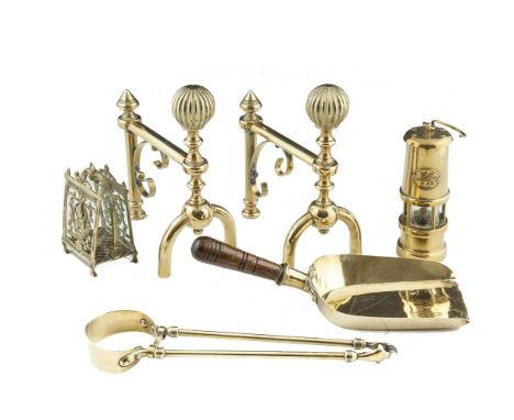A SELECTION OF FIRESIDE BRASSES, comprising scuttle, fireguard, shovel etc.