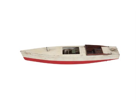 A PAINTED TIMBER MODEL OF A VINTAGE SPEED BOAT, labelled 'Hawley's Regent St. London W1', decorated in red and cream toes. 63