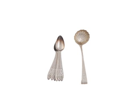 A SET OF SIX IRISH BRIGHT CUT ENGRAVED SILVER TEASPOONS, Dublin 1894, mark of John Smith, crested; together with a similar sm