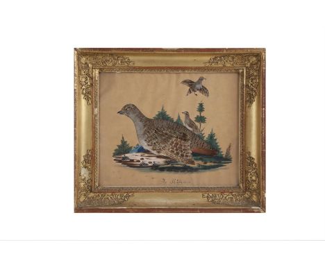 A GERMAN FEATHER AND GOUACHE STUDY 'DIE RESSHENNE', 19th century; together with an embroidery of a ploughing team; and a lith