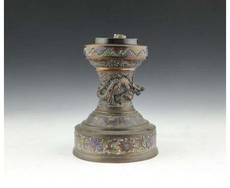 CHINESE BRASS AND ENAMELLED TABLE LAMP, styled as a pagoda and surmounted with a flaming pearl, on a waisted column decorated