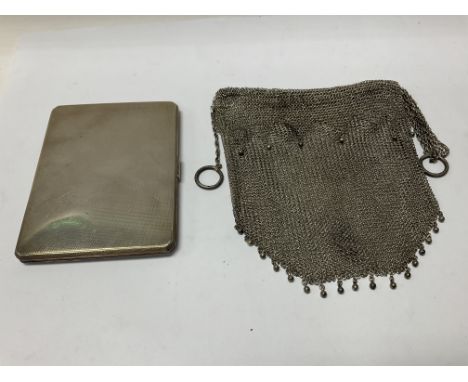 A hallmarked silver engine turned cigarette case together with .800silver mesh purse.