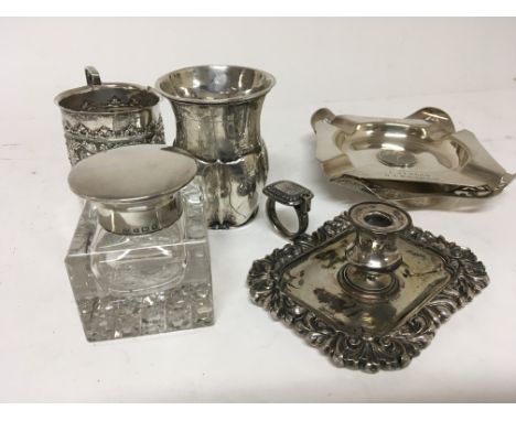 A silver topped inkwell continental silver beaker and other oddments (a lot)