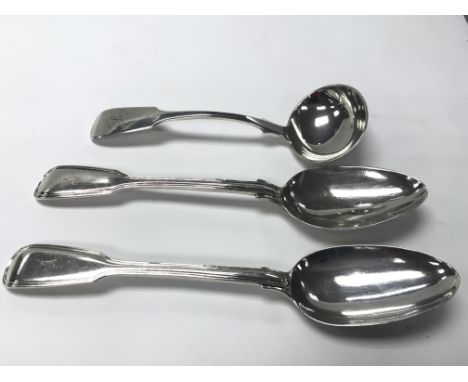 A pair of large silver serving spoons and a silver serving ladle. Weighing approximately 247g.