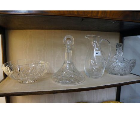 4 pieces of cut & etched glass to include ships decanter
