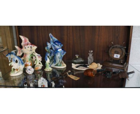 Pipe rack with pipes, perfume bottles & china fish etc (whole shelf)