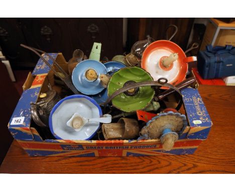 Good box of assorted metalware to include enamel candle holders