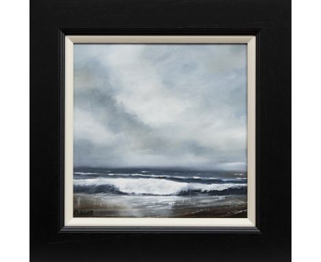 * DARREN SCOTT, CALM HORIZON oil on panel, signed, further signed and dated 2020 label verso 30cm x 30cm Framed. Handwritten 