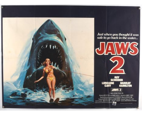 Jaws 2 (1978), British Quad Film Poster, waterski style, artwork by Lou Feck, folded, 30 x 40 inches Condition Report:  Good 