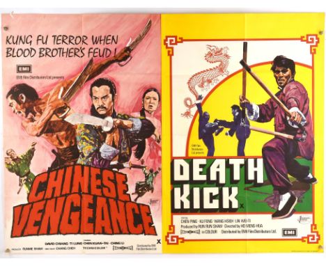 Pair of Martial Arts related British Quad Film Posters for Chinese Vengeance / Death Kick (1973), double bill and King Boxer 