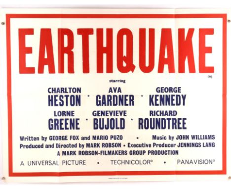 Earthquake (1974), British Quad Film Poster, starring Charlton Heston and Ava Gardener, folded, 30 x 40 inches Condition Repo