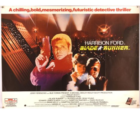 Blade Runner (1982), British Quad Film Poster for the Ridley Scott Sci-Fi classic, artwork by Jouineau Bourduge, folded, 30 x