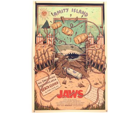 Jaws (1975), Lithograph Print, released by Vice Press, artwork by Sam Dunn, hand numbered 55/200, unfolded, 24 x 36 inches Co