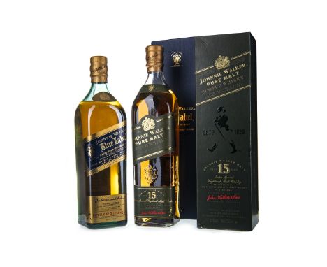 JOHNNIE WALKER BLUE LABEL Blended Scotch Whisky 75cl, 43% volume, in box. JOHNNIE WALKER PURE MALT 15 YEARS OLD Blended Malt 
