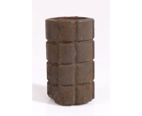 First World War British Battye hand grenade, segmented cast iron cylinder with cavity for explosive, designed by Major Battye