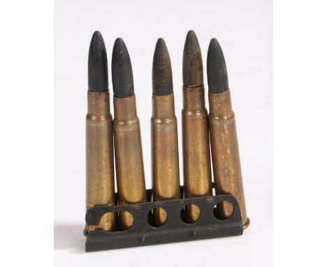 Clip of five .303 rounds with wooden bullets, for use as movie props, headstamp Kynoch Bren, inert