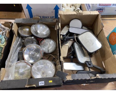 Two boxes of car mirrors and various vintage headlamps