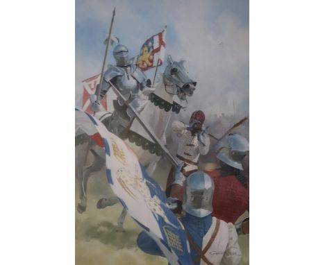 Graham Turner, watercolour, signed, 'Medieval Soldier in a Battle', 57cm x 40cm and a titled plaque 'Zeeslay Bijduins 1639'