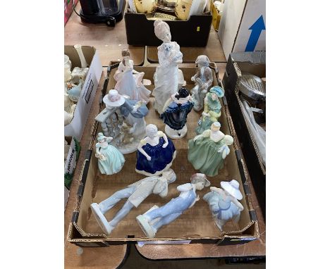 A tray of Lladro, Coalport, Doulton and Worcester figures