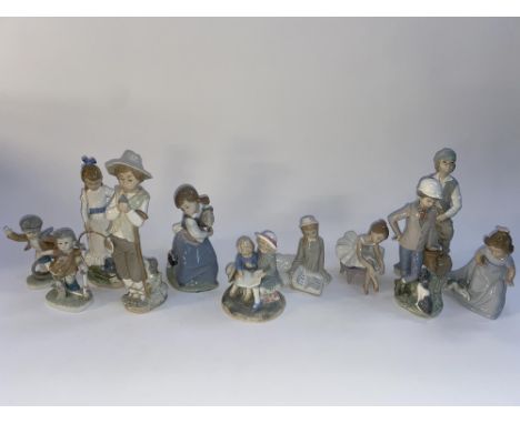 Eleven Lladro and Nao porcelain figural ornaments, to include a girl with hoop, the largest measures 26cm H
