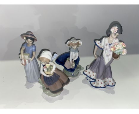 A Lladro porcelain Flor Maria figural ornament, 24cm H and three other Lladro figural ornaments