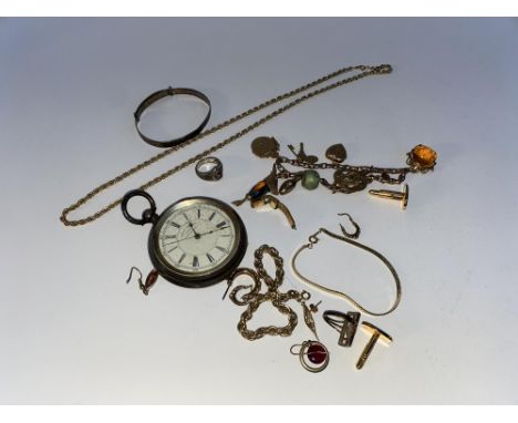 A silver cased Chronograph Centre Seconds pocket watch and a selection of other jewellery including a silver Christening bang