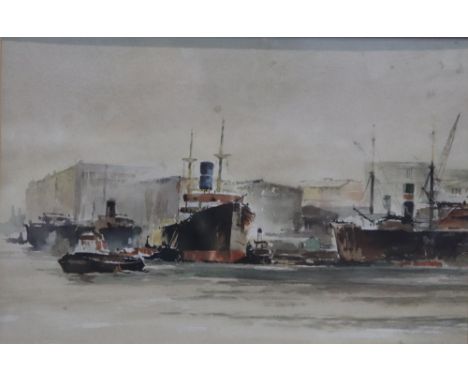Thomas Wilkinson, watercolour, signed, dated verso 1979, 'Ships on the River Tyne', 26cm x 38cm