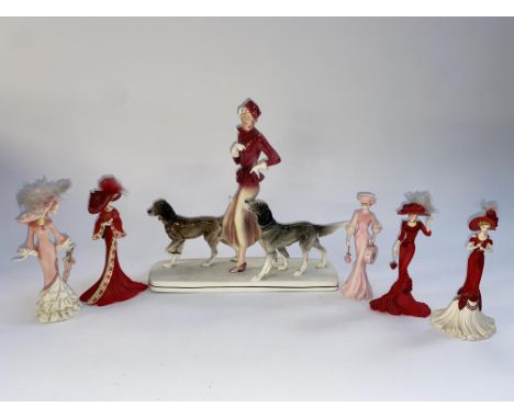 A Continental porcelain figure group depicting a woman and two setters, 36cm L and five Hamilton Collection figural ornaments