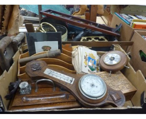 Oak aneroid barometers, mahogany swing out coat rack, inkstand, vintage wooden T squares etc (2 boxes)