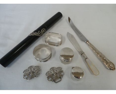 Silver buckle, silver boxes, butter knife and hat pin case 