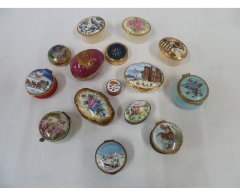 Hand painted china and enamelled pill and trinket boxes - New Chelsea, Crummies, Aynsley etc (15)