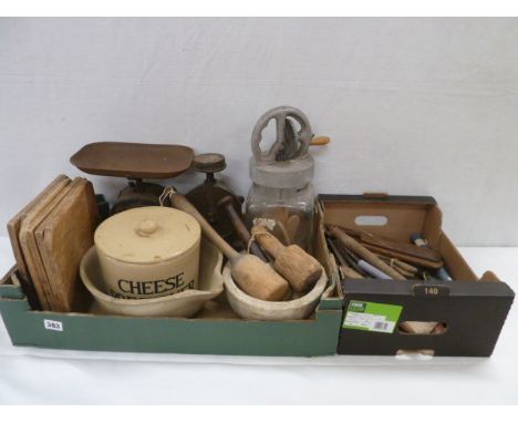 Glass butter churn, pestle &amp; mortar, cheese preserver, Salter family scale, butter pats, dairy thermometers, cheese scoop