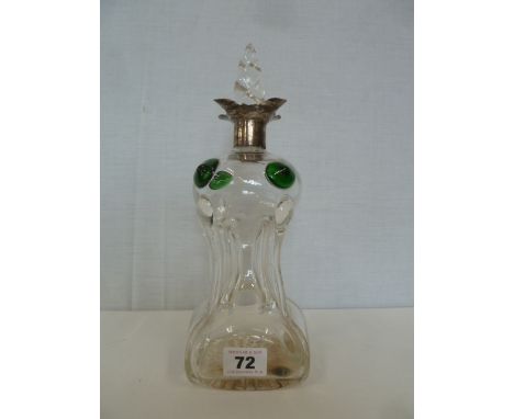 Edwardian glug decanter with spiral stopper, green dot decoration and silver quatrefoil spout - Birmingham 1904