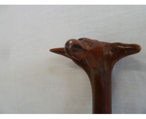 Fruitwood walking stick with carved handle formed as a trio of birds heads 