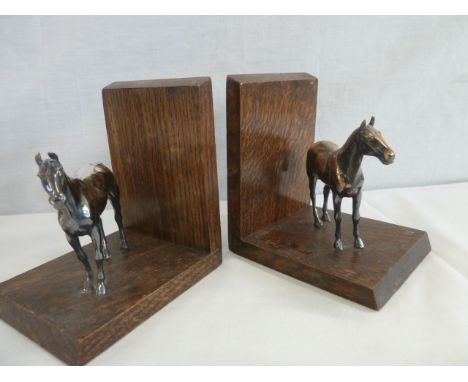 Pair oak bookends with silver plated horse figures &amp; pair of marble bookends with cold painted spaniel figures 