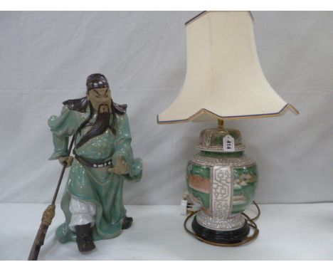 Chinese ginger jar style table lamp with glazed warrior figure (glued) 