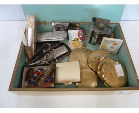 Deco perfume bottle, Stratton compacts, silver comb case, scent bottle, manicure scissors etc 