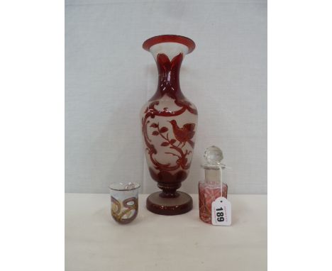 Victorian frosted ruby glass vase decorated with bird in foliage, perfume bottle etc (3) 