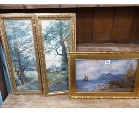 19thC gilt frame watercolours- seascape &amp; Dutch landscapes (3)