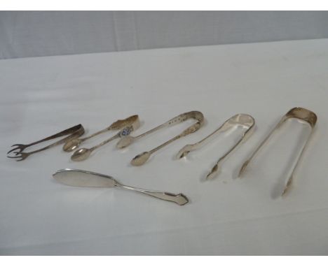 Silver tongs and butter knife (6)