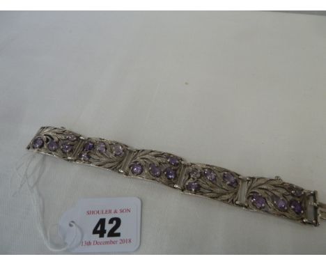 Five section heavy cast silver and amethyst bracelet - Chester 1953