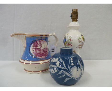 19thC Sunderland lustre jug, Pate sur Pate vase, bird pattern table lamp (3) 